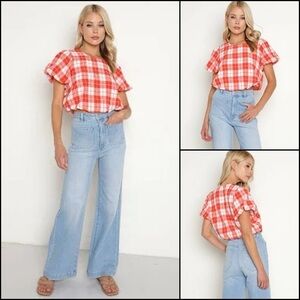 Show Me Your Mumu Highland Crop Top Picnic Plaid Ballon Hem Red\White Size S